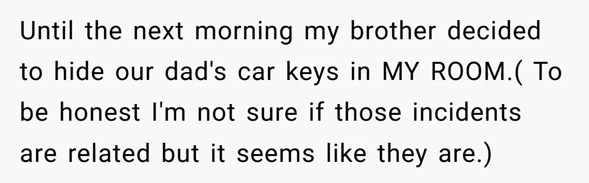 Until the next morning my brother decided to hide our dad's car keys in MY ROOM.( To be honest I'm not sure if those incidents are related but it seems...