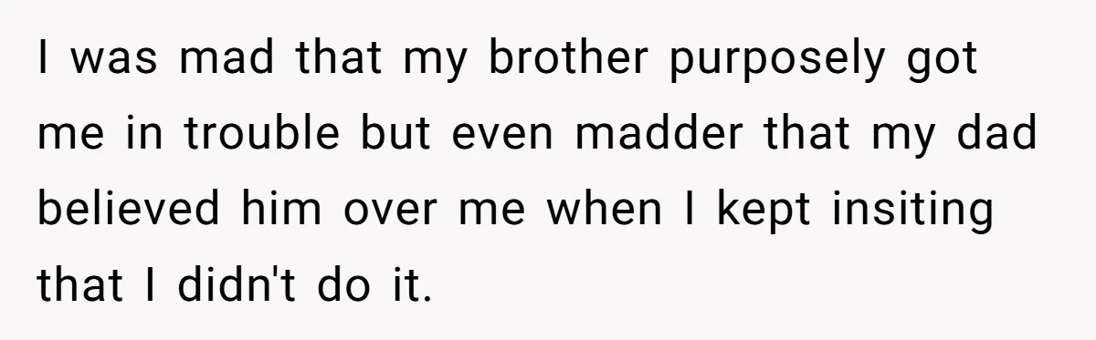 I was mad that my brother purposely got me in trouble but even madder that my dad believed him over me when I kept insiting that I didn't do it.