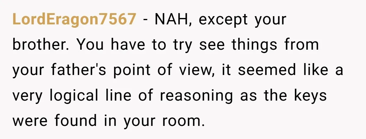 LordEragon7567 − NAH, except your brother. You have to try see things from your father's point of view, it seemed like a very logical line of reasoning as the keys...