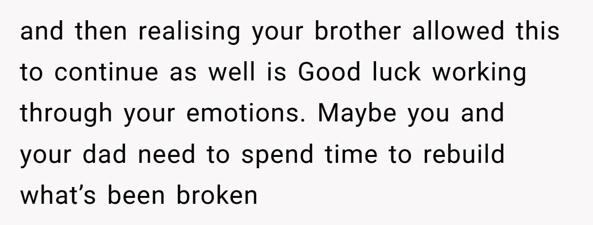 and then realising your brother allowed this to continue as well is Good luck working through your emotions. Maybe you and your dad need to spend time to rebuild what’s...
