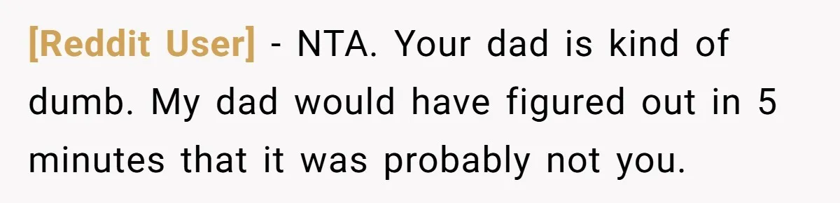 [Reddit User] − NTA. Your dad is kind of dumb. My dad would have figured out in 5 minutes that it was probably not you.
