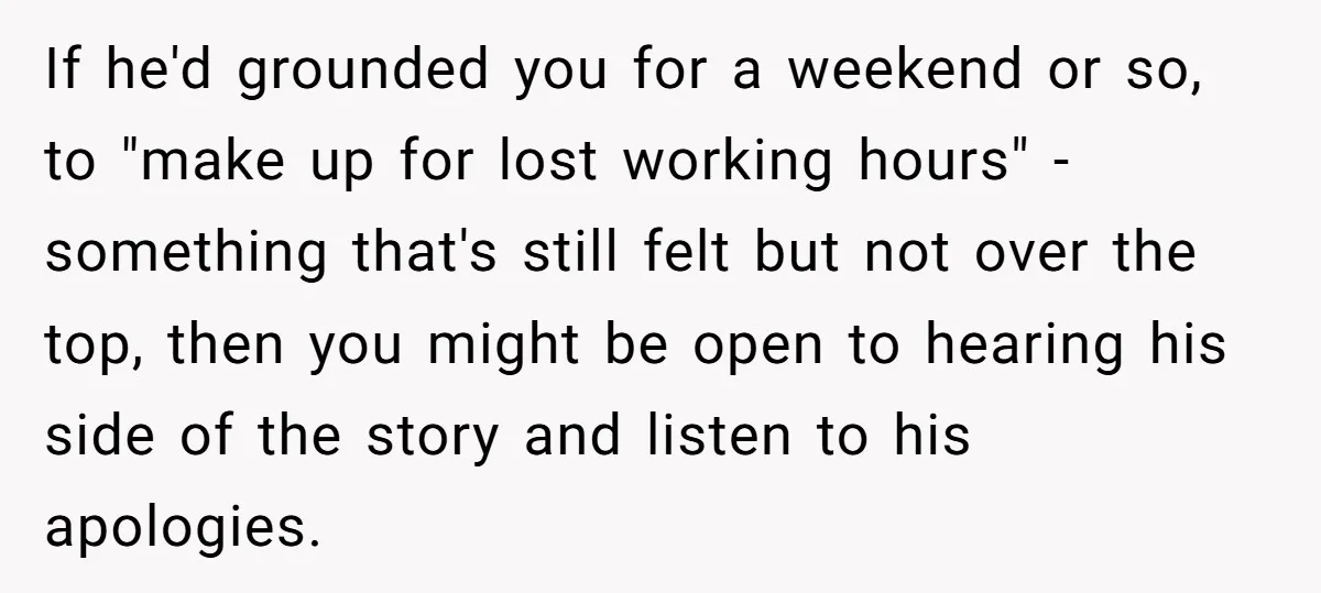 If he'd grounded you for a weekend or so, to "make up for lost working hours" - something that's still felt but not over the top, then you might be...