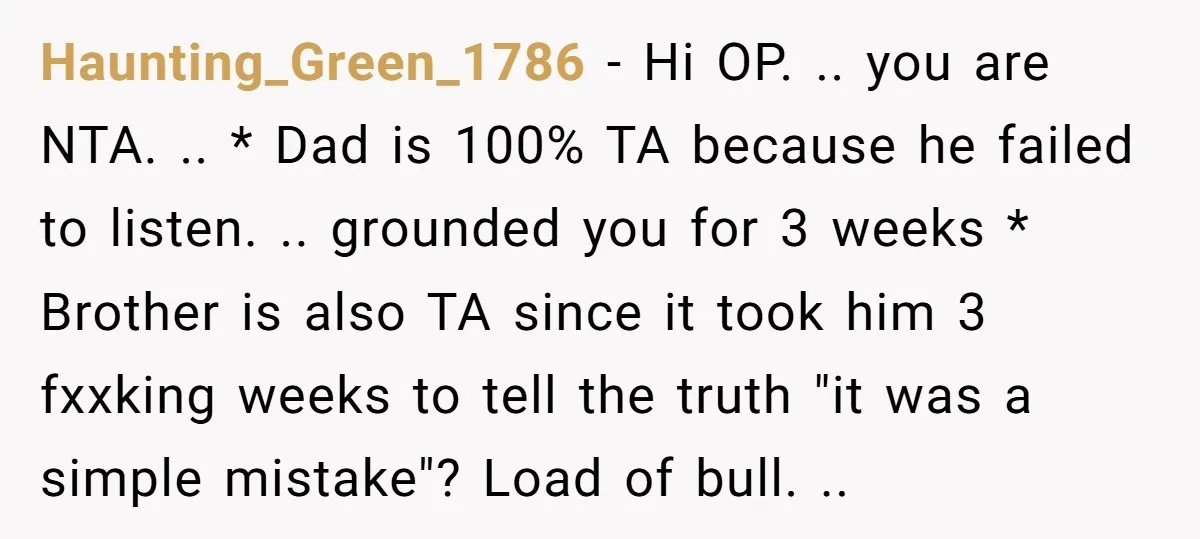 Haunting_Green_1786 − Hi OP. .. you are NTA. .. * Dad is 100% TA because he failed to listen. .. grounded you for 3 weeks * Brother is also TA...