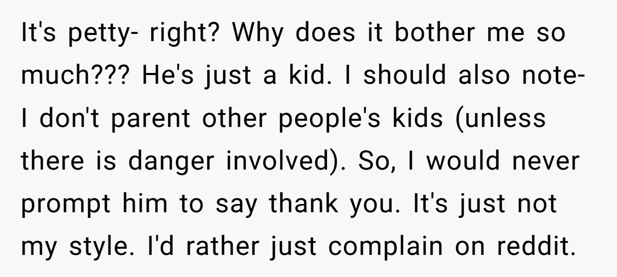 It's petty- right? Why does it bother me so much??? He's just a kid. I should also note- I don't parent other people's kids (unless there is danger involved). So,...
