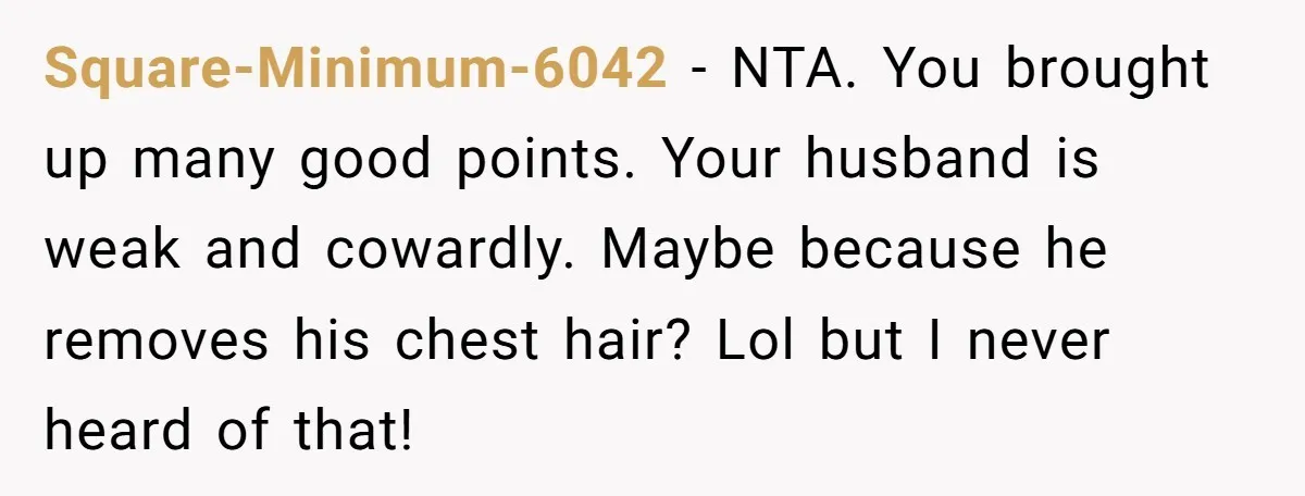Square-Minimum-6042 - NTA. You brought up many good points. Your husband is weak and cowardly. Maybe because he removes his chest hair? Lol but I never heard of that!