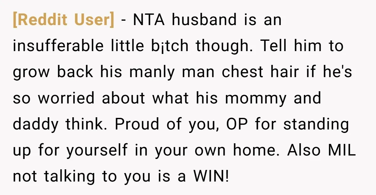[Reddit User] - NTA husband is an insufferable little b¡tch though. Tell him to grow back his manly man chest hair if he's so worried about what his mommy and...