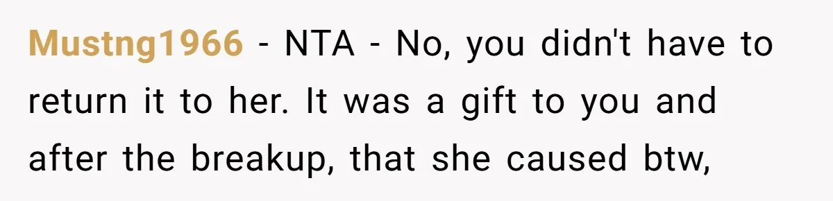 Mustng1966 − NTA - No, you didn't have to return it to her. It was a gift to you and after the breakup, that she caused btw,