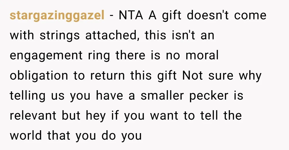 stargazinggazel − NTA A gift doesn't come with strings attached, this isn't an engagement ring there is no moral obligation to return this gift Not sure why telling us you...