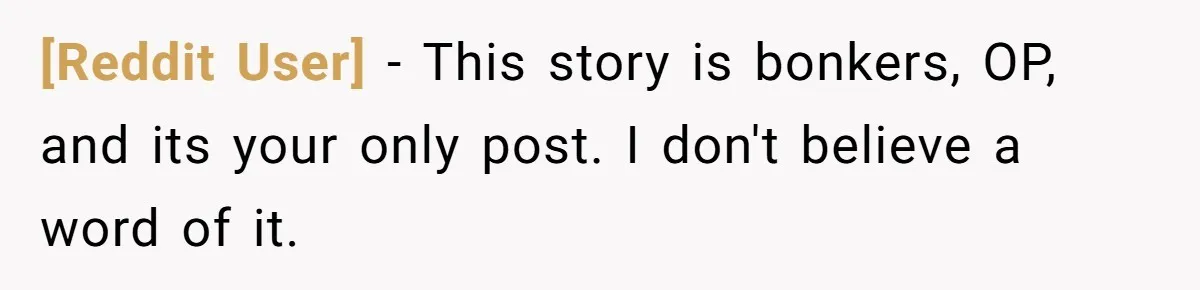 [Reddit User] − This story is bonkers, OP, and its your only post. I don't believe a word of it.