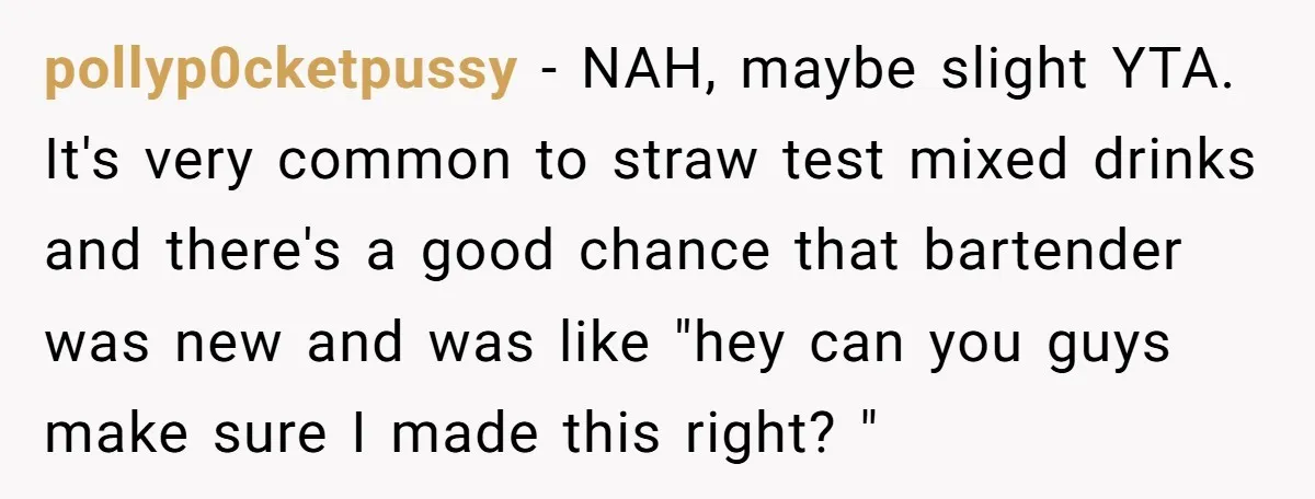 pollyp0cketpussy − NAH, maybe slight YTA. It's very common to straw test mixed drinks and there's a good chance that bartender was new and was like "hey can you guys...
