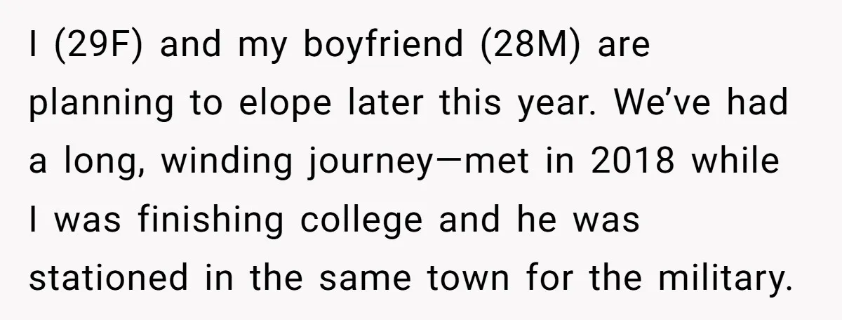 I (29F) and my boyfriend (28M) are planning to elope later this year. We’ve had a long, winding journey—met in 2018 while I was finishing college and he was stationed...