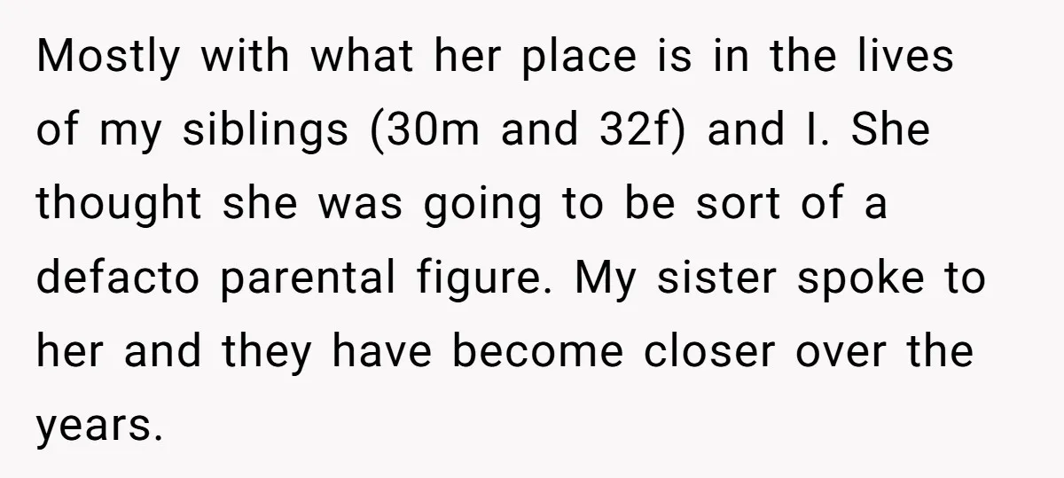 Mostly with what her place is in the lives of my siblings (30m and 32f) and I. She thought she was going to be sort of a defacto parental figure....