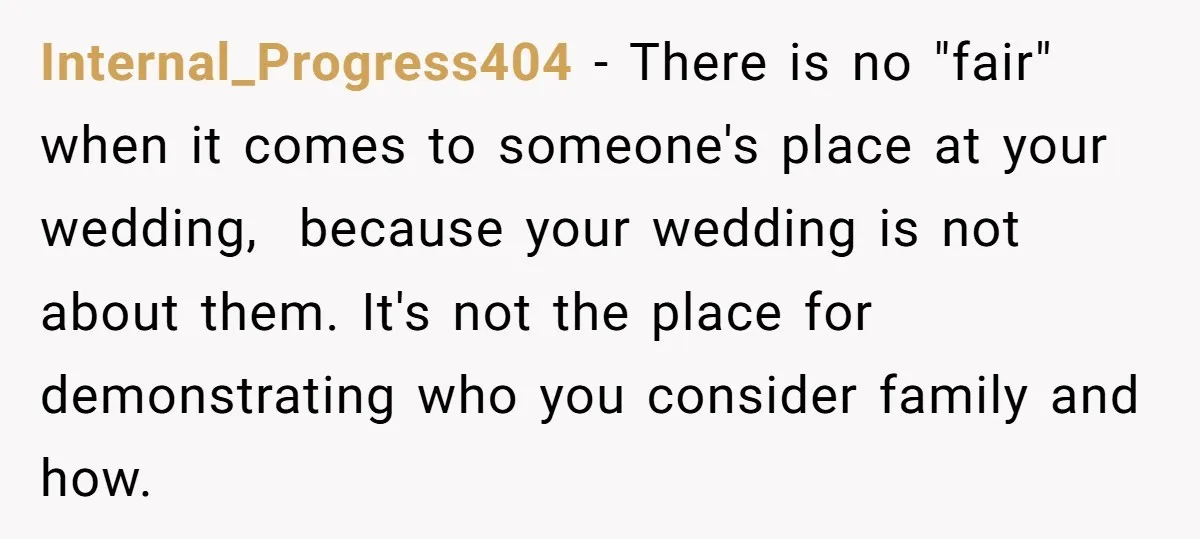 Internal_Progress404 − There is no "fair" when it comes to someone's place at your wedding, because your wedding is not about them. It's not the place for demonstrating who you...