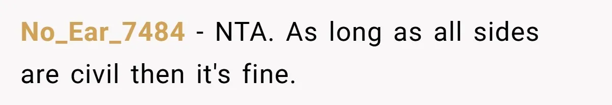 No_Ear_7484 − NTA. As long as all sides are civil then it's fine.