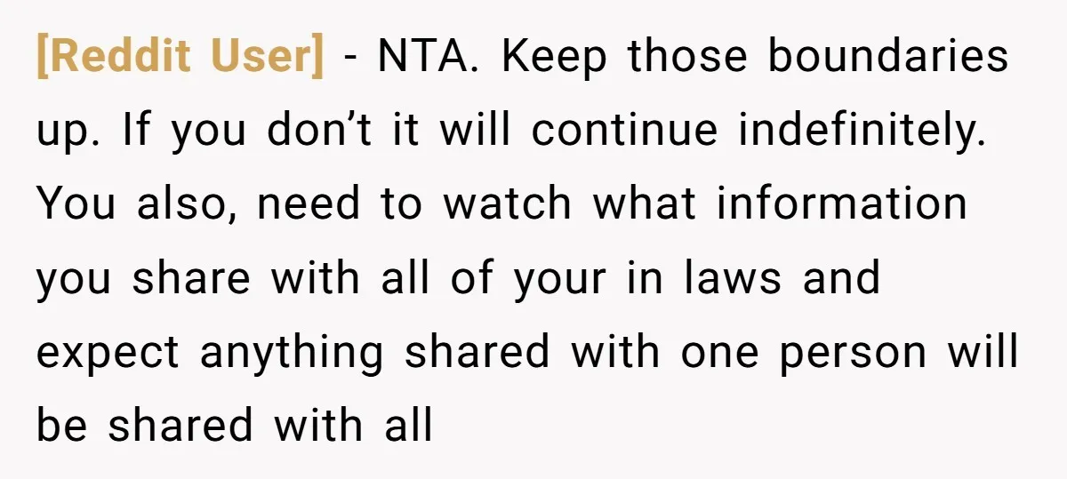 [Reddit User] - NTA. Keep those boundaries up. If you don’t it will continue indefinitely. You also, need to watch what information you share with all of your in laws...