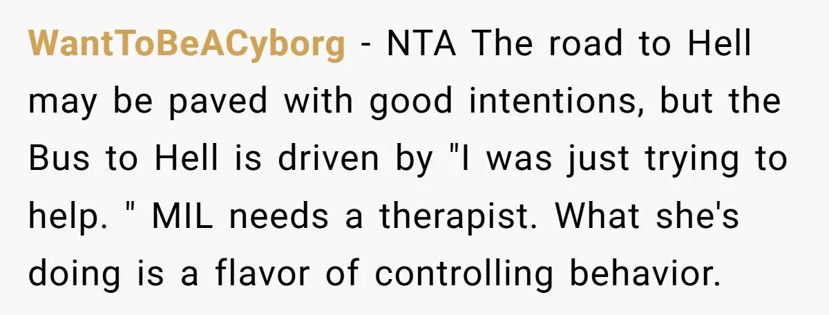 WantToBeACyborg - NTA The road to Hell may be paved with good intentions, but the Bus to Hell is driven by "I was just trying to help. " MIL needs...