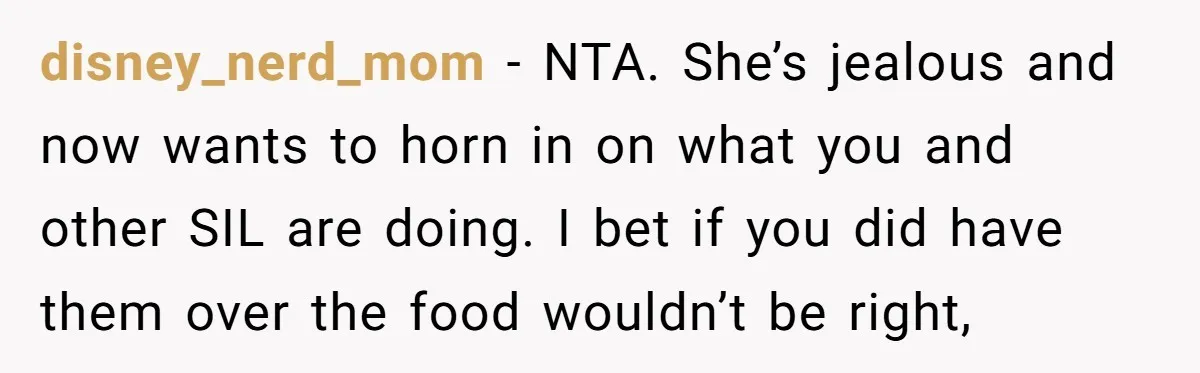 disney_nerd_mom − NTA. She’s jealous and now wants to horn in on what you and other SIL are doing. I bet if you did have them over the food wouldn’t...