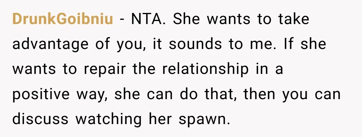 DrunkGoibniu − NTA. She wants to take advantage of you, it sounds to me. If she wants to repair the relationship in a positive way, she can do that, then...