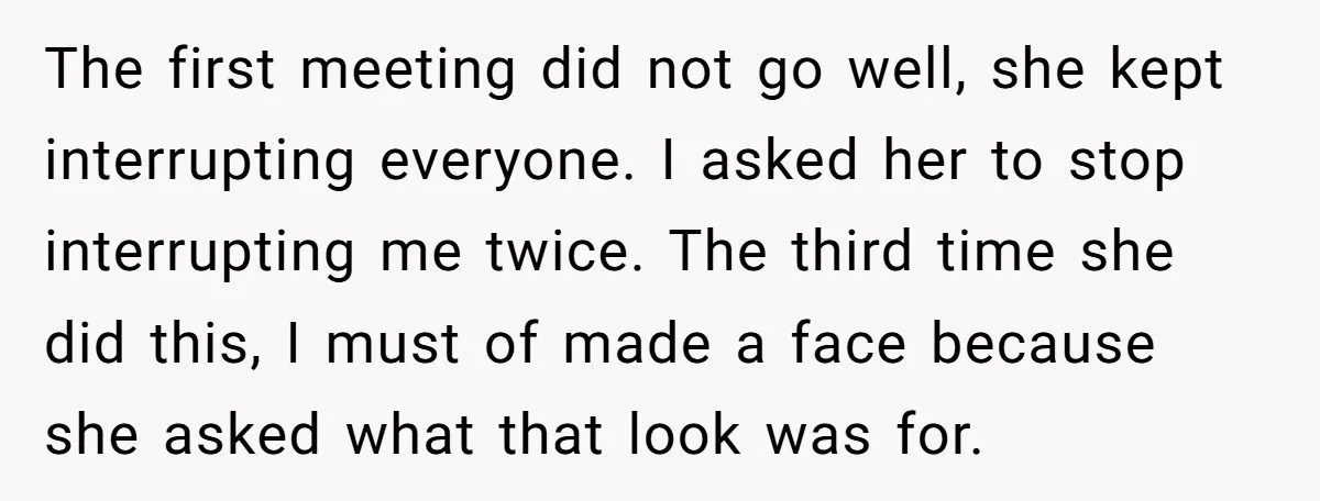 The first meeting did not go well, she kept interrupting everyone. I asked her to stop interrupting me twice. The third time she did this, I must of made a...
