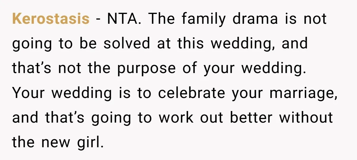 Kerostasis − NTA. The family drama is not going to be solved at this wedding, and that’s not the purpose of your wedding. Your wedding is to celebrate your marriage,...