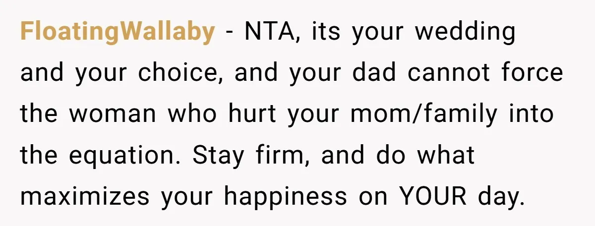 FloatingWallaby − NTA, its your wedding and your choice, and your dad cannot force the woman who hurt your mom/family into the equation. Stay firm, and do what maximizes your...