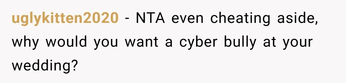 uglykitten2020 − NTA even cheating aside, why would you want a cyber bully at your wedding?