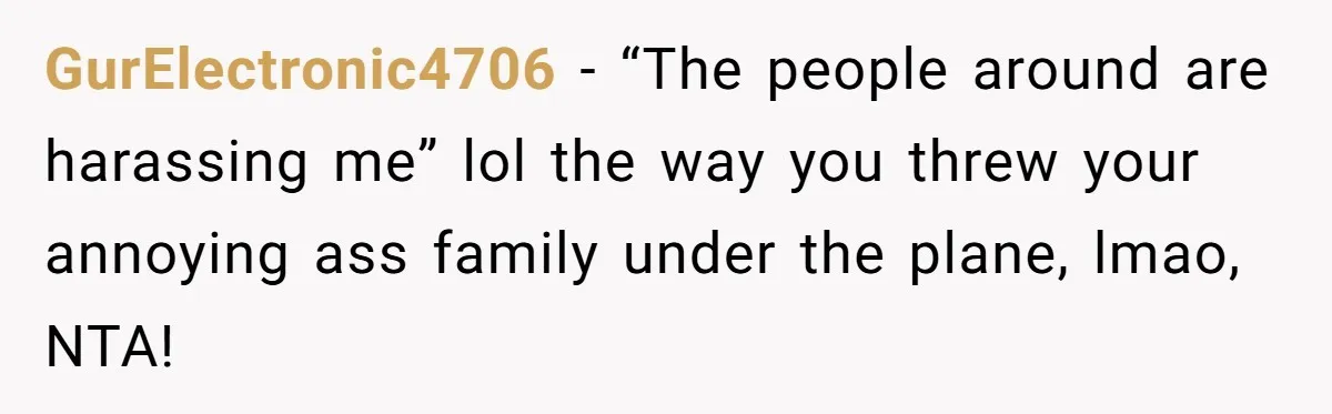 GurElectronic4706 - “The people around are harassing me” lol the way you threw your annoying ass family under the plane, lmao, NTA!