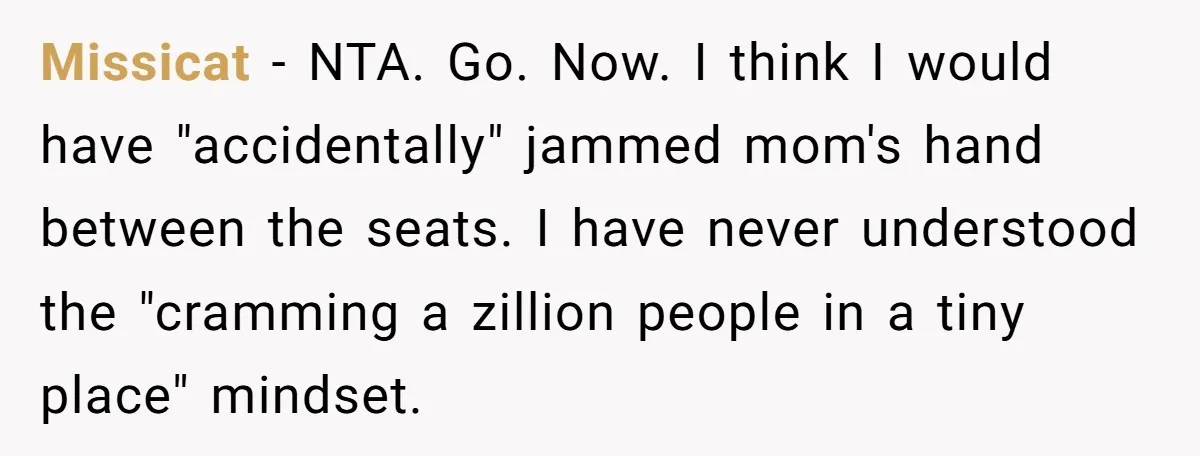 Missicat - NTA. Go. Now. I think I would have "accidentally" jammed mom's hand between the seats. I have never understood the "cramming a zillion people in a tiny place"...