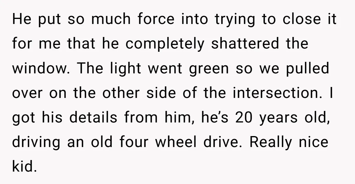 He put so much force into trying to close it for me that he completely shattered the window. The light went green so we pulled over on the other side...
