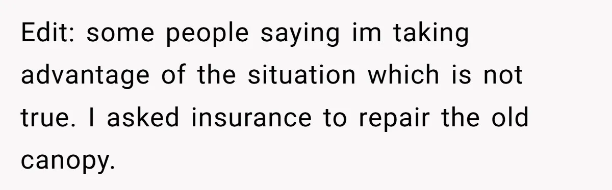 Edit: some people saying im taking advantage of the situation which is not true. I asked insurance to repair the old canopy.