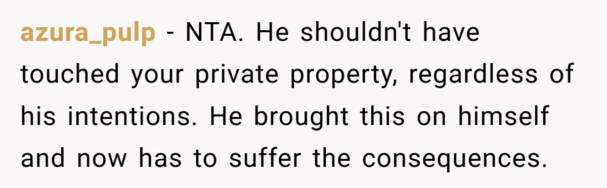 azura_pulp − NTA. He shouldn't have touched your private property, regardless of his intentions. He brought this on himself and now has to suffer the consequences.