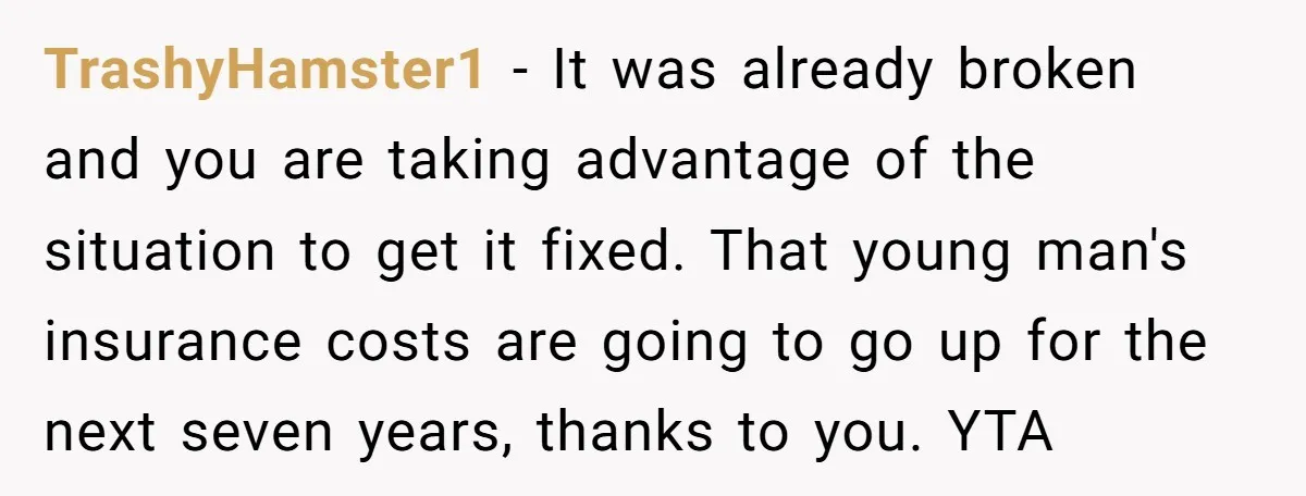 TrashyHamster1 − It was already broken and you are taking advantage of the situation to get it fixed. That young man's insurance costs are going to go up for the...