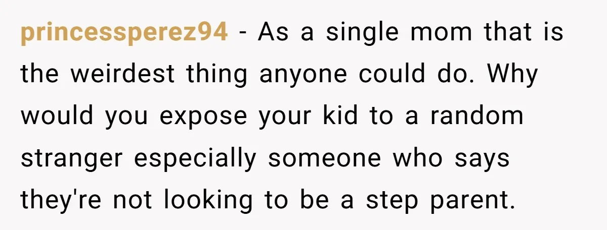 princessperez94 − As a single mom that is the weirdest thing anyone could do. Why would you expose your kid to a random stranger especially someone who says they're not...