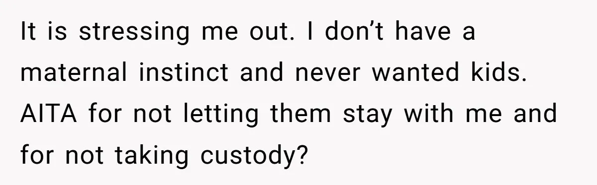 It is stressing me out. I don’t have a maternal instinct and never wanted kids. AITA for not letting them stay with me and for not taking custody?