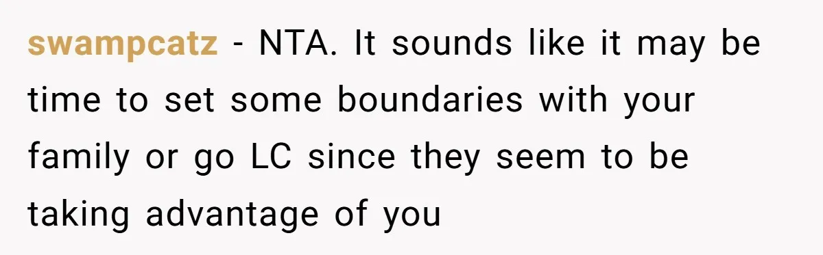 swampcatz − NTA. It sounds like it may be time to set some boundaries with your family or go LC since they seem to be taking advantage of you