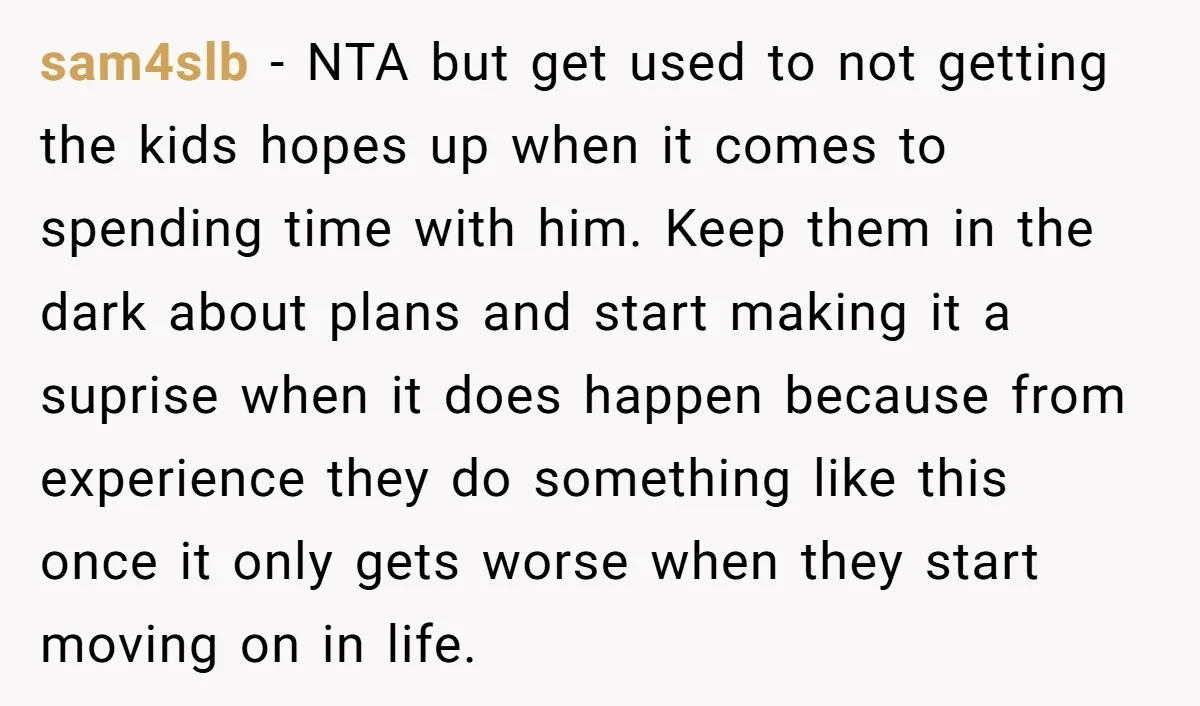 sam4slb - NTA but get used to not getting the kids hopes up when it comes to spending time with him. Keep them in the dark about plans and start...