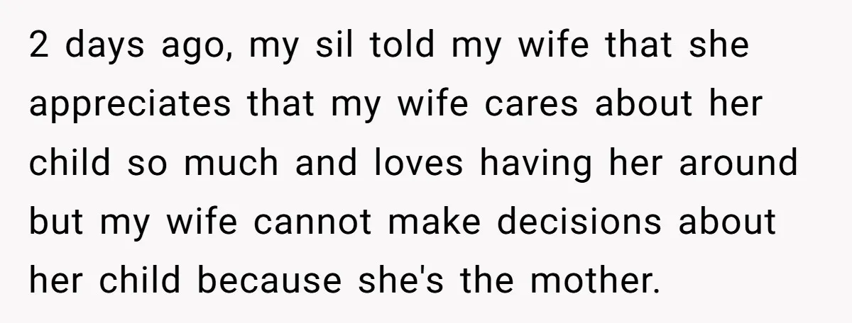 2 days ago, my sil told my wife that she appreciates that my wife cares about her child so much and loves having her around but my wife cannot make...