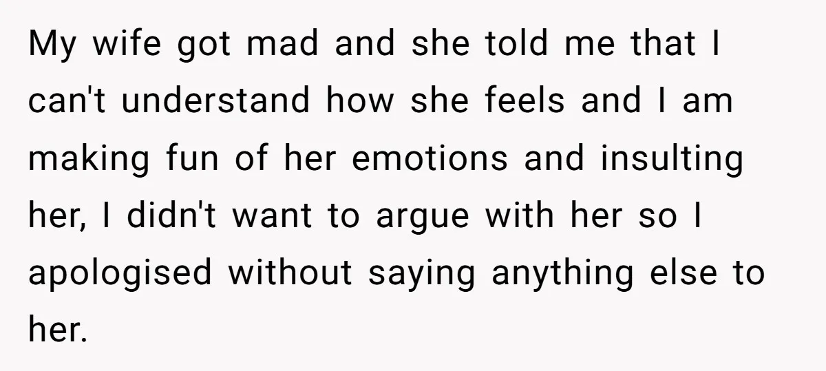 My wife got mad and she told me that I can't understand how she feels and I am making fun of her emotions and insulting her, I didn't want to...