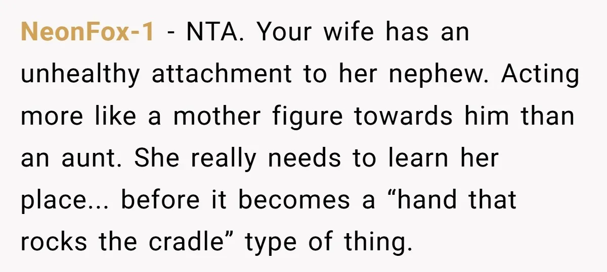 NeonFox-1 − NTA. Your wife has an unhealthy attachment to her nephew. Acting more like a mother figure towards him than an aunt. She really needs to learn her place......