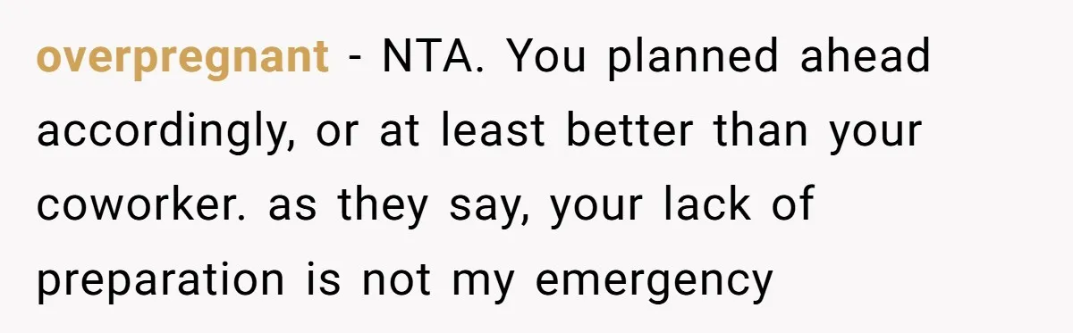 overpregnant − NTA. You planned ahead accordingly, or at least better than your coworker. as they say, your lack of preparation is not my emergency
