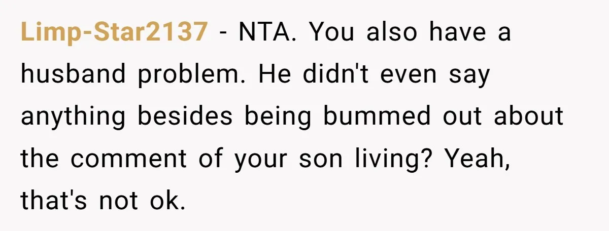 Limp-Star2137 − NTA. You also have a husband problem. He didn't even say anything besides being bummed out about the comment of your son living? Yeah, that's not ok.