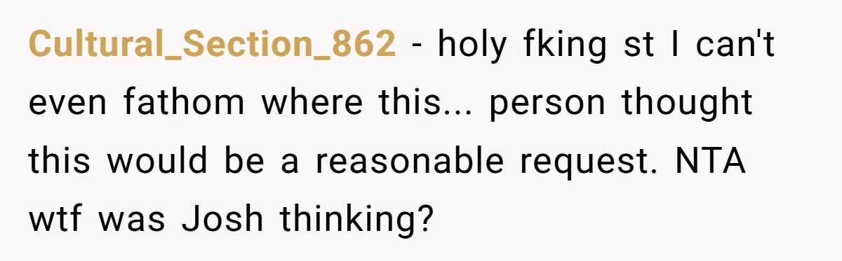 Cultural_Section_862 − holy fking st I can't even fathom where this... person thought this would be a reasonable request. NTA wtf was Josh thinking?