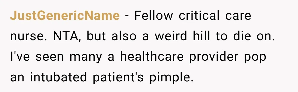 JustGenericName - Fellow critical care nurse. NTA, but also a weird hill to die on. I've seen many a healthcare provider pop an intubated patient's pimple.