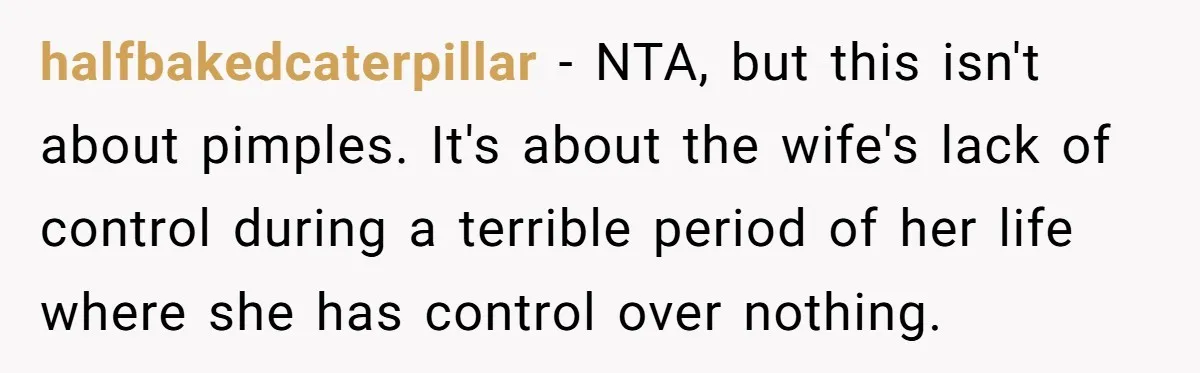 halfbakedcaterpillar - NTA, but this isn't about pimples. It's about the wife's lack of control during a terrible period of her life where she has control over nothing.