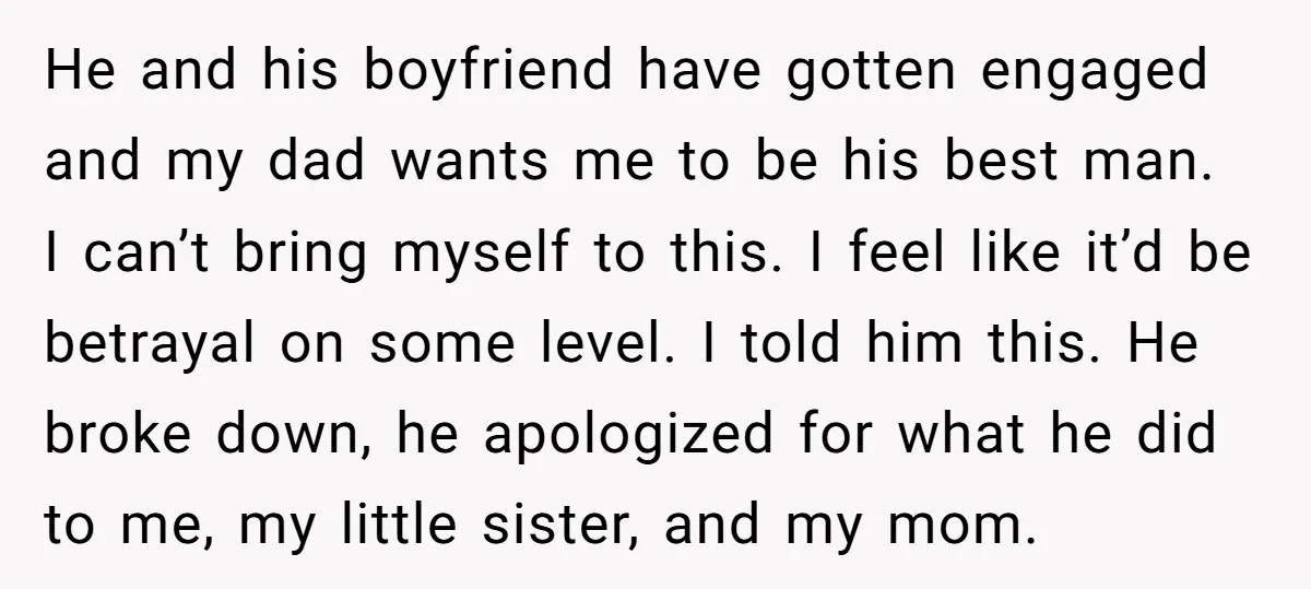 He and his boyfriend have gotten engaged and my dad wants me to be his best man. I can’t bring myself to this. I feel like it’d be betrayal on...