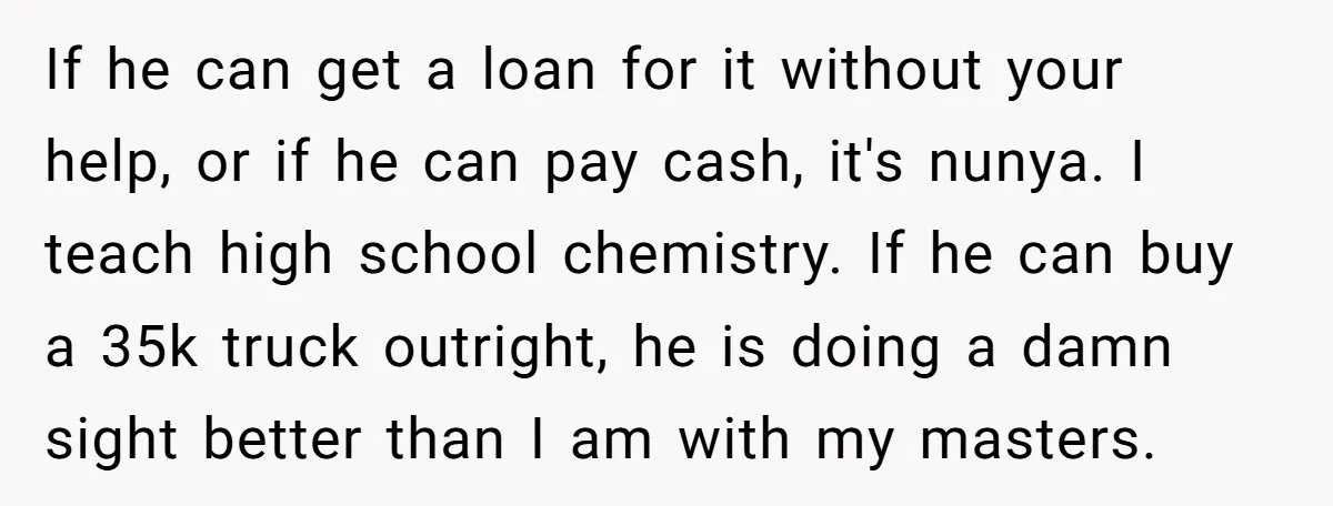 If he can get a loan for it without your help, or if he can pay cash, it's nunya. I teach high school chemistry. If he can buy a 35k...