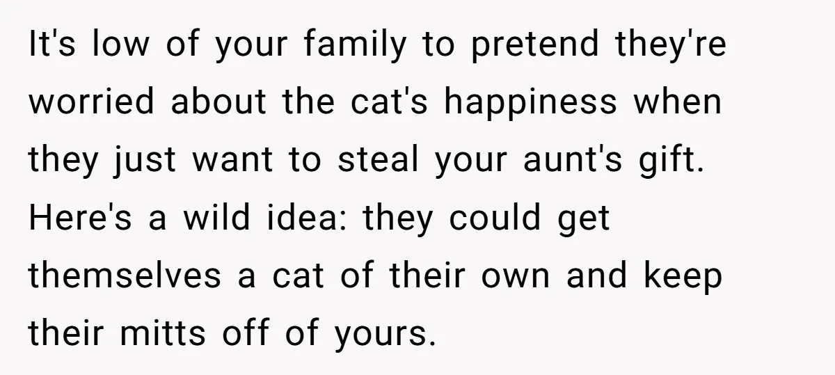 It's low of your family to pretend they're worried about the cat's happiness when they just want to steal your aunt's gift. Here's a wild idea: they could get themselves...