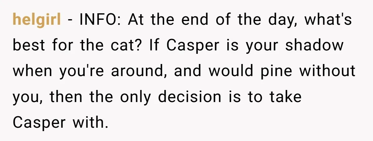 helgirl − INFO: At the end of the day, what's best for the cat? If Casper is your shadow when you're around, and would pine without you, then the only...