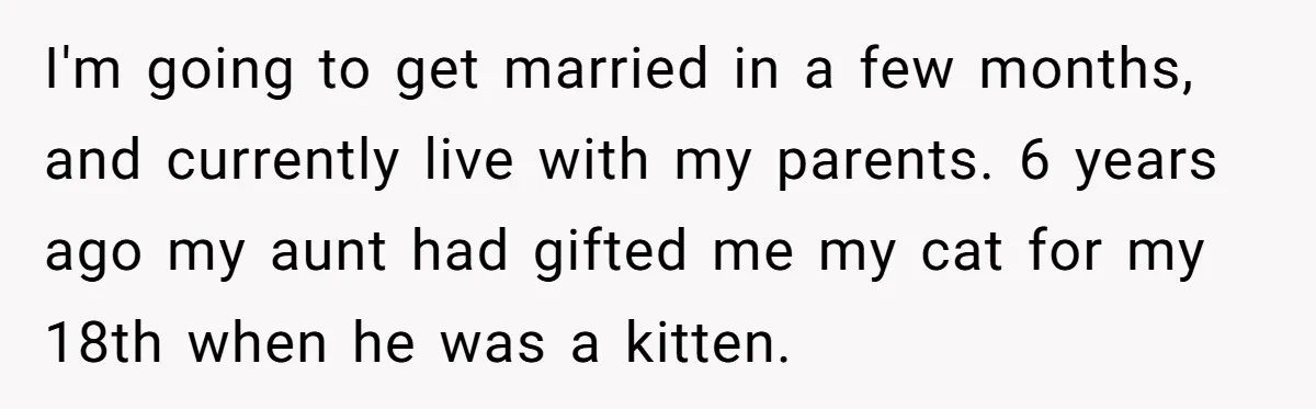 I'm going to get married in a few months, and currently live with my parents. 6 years ago my aunt had gifted me my cat for my 18th when he...