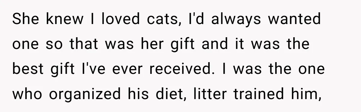 She knew I loved cats, I'd always wanted one so that was her gift and it was the best gift I've ever received. I was the one who organized his...